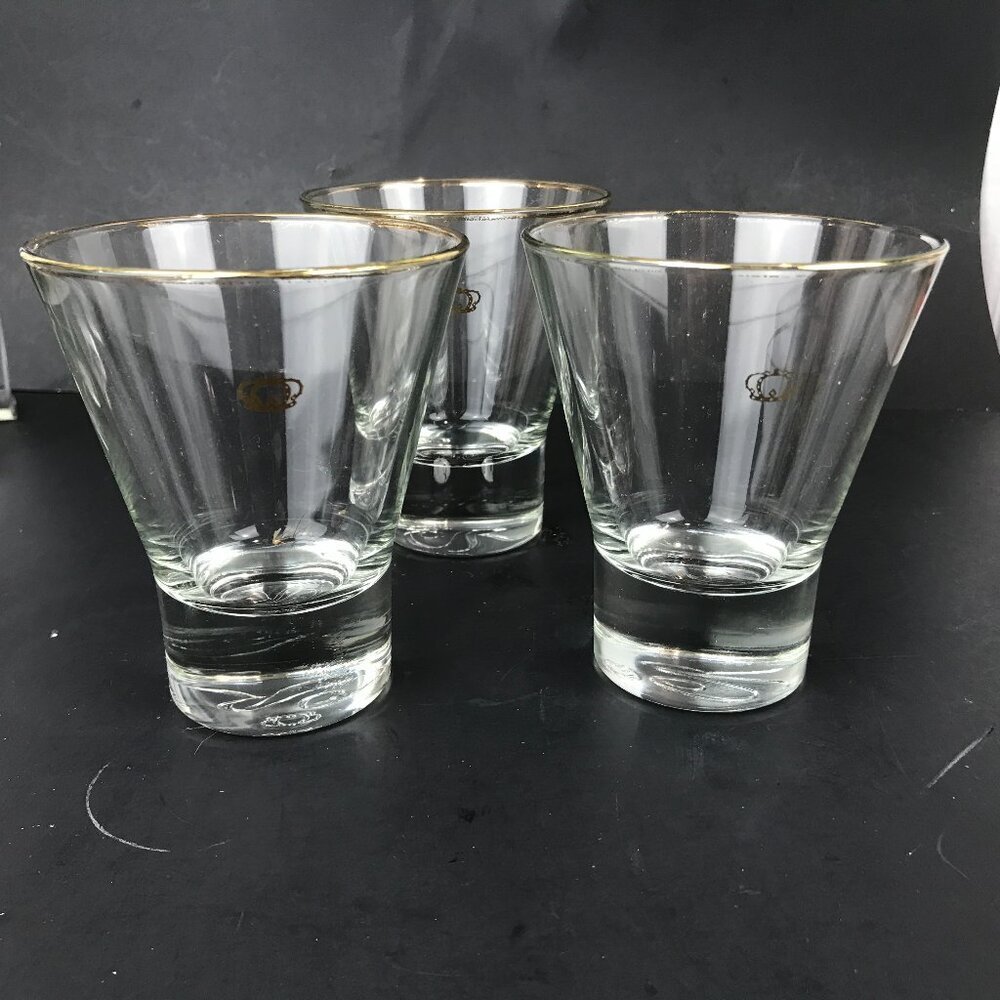 Set of 3 Crown Royal, gold rimmed glasses, made in Italy